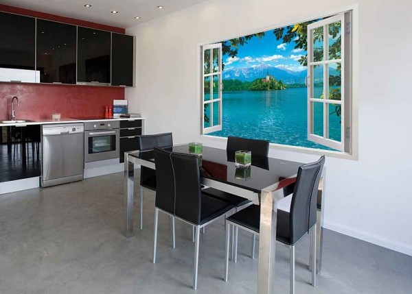 Wall mural fake window in modern kitchen interior