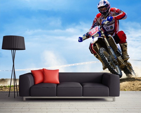 Wall mural depicting a racer on a racing motorcycle in a modern interior of a living room