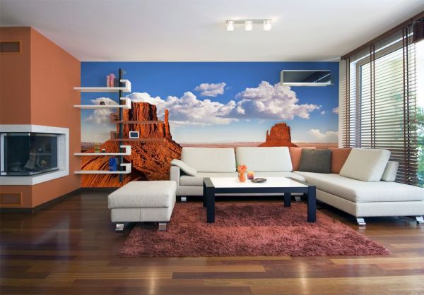 Wall mural with the image of mountains in the desert, is a good bright accent in a bright living room