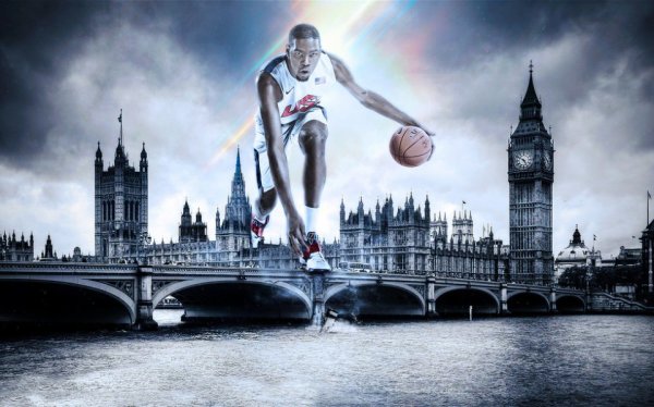 Wall mural with the image of a famous basketball player against the background of London in black and white