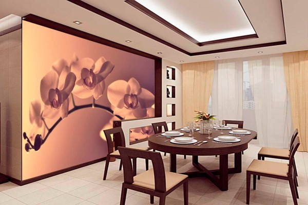 Wall mural with the image of sakura twigs in the Japanese interior of the dining room-kitchen