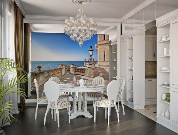 Wall mural depicting a view from the terrace to the endless sea, in the interior of a classic kitchen