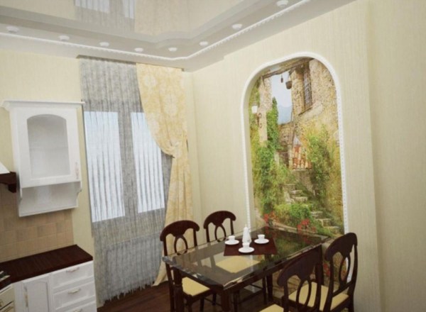 Wall mural with the image of the exit to the streets of the old city, in the interior of a classic kitchen