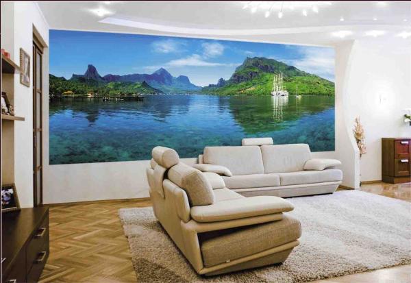 The mountains reflected in the water of a transparent lake look very beautifully aesthetically and noble, adding color to the interior of even an ordinary room