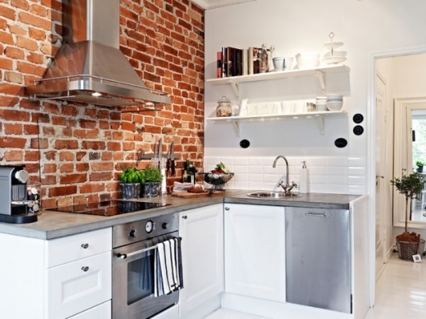 Brick wall in the kitchen, as a design technique for interior decoration