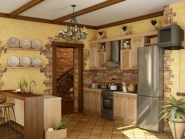 The combination of finishing materials and kitchen accessories for the decor of the walls of the kitchen