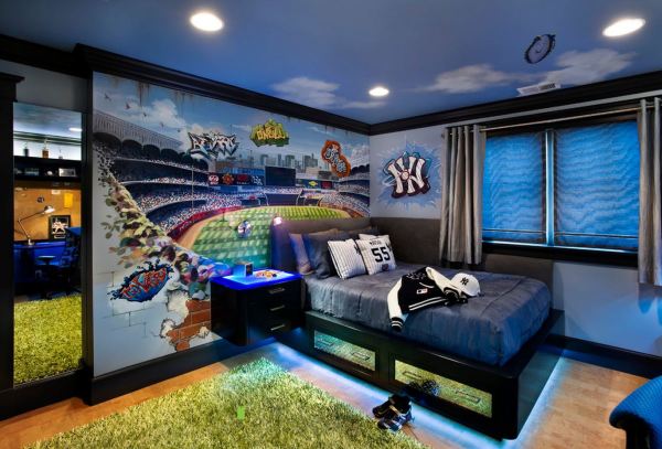 On the photo, wall mural football field in the style of graffiti for the interior of a children's room