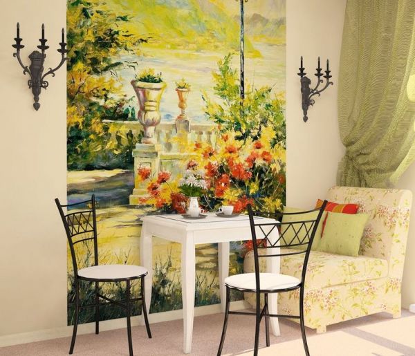 Texture wall mural for the kitchen on the wall, imitating watercolor, with a view of the terrace