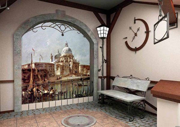 If the hallway allows, the image of the photo wallpaper can be emphasized with additional decor