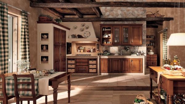 Photos show an example of a kitchen in a chalet style, with walls decorated with natural wallpaper, emphasizing furniture