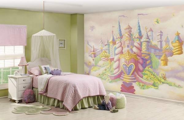 Ready-made murals for children with the image of a fairytale castle, well suited to the delicate interior of a little princess