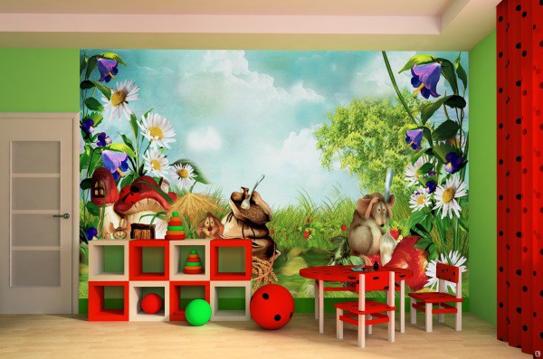 Wall murals for kindergarten are selected, although with children's images, but more neutral, like nature, animals and a fairy tale, see the example for photos