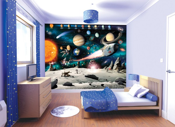 Photowall-paper for a children's room with the image of space motives, will be more suitable for the room of a boy who loves science fiction