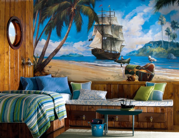 Ready-made murals for children with the image of an old ship and a treasure chest fit well into the marine interior of a future adventurer