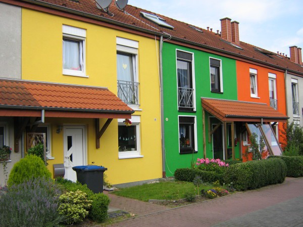 Multi-colored painted facade of an apartment building