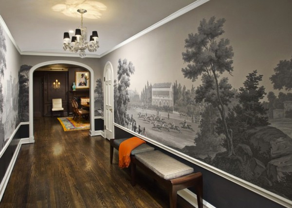 In the photo you see an example of how to decorate the walls in the corridor in the apartment, using black and white photo wallpaper, which can visually expand the narrow space of the room