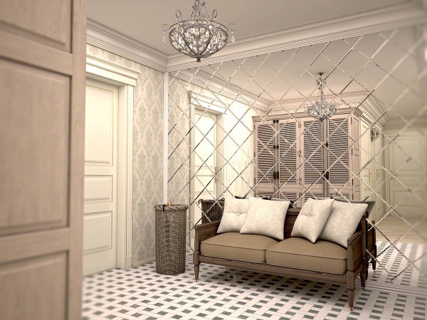 An example of decorating a wall in the corridor with mirror tiles, which visually makes the room larger