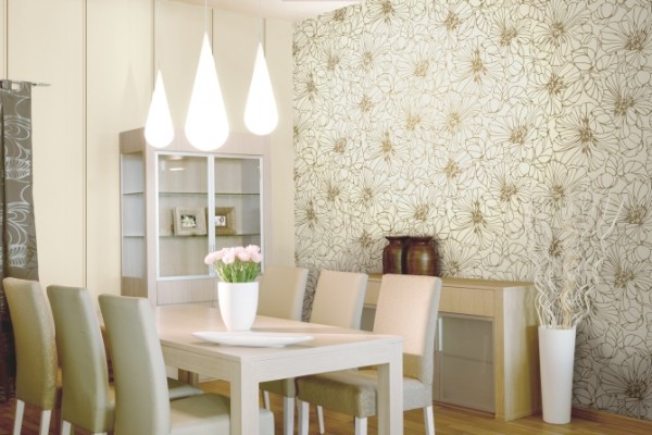 Vinyl wallpapers are well suited for almost any room, in the photo we see the decoration of the walls in the snow-white dining room