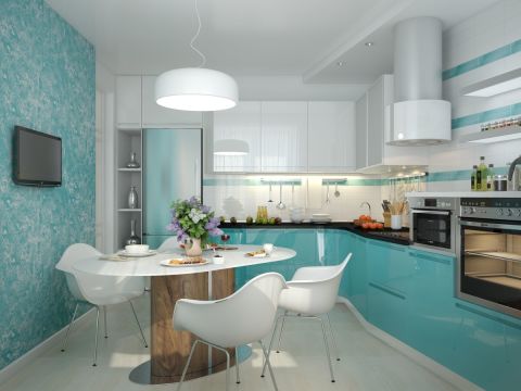 With the help of decorative plaster, you can originally decorate an empty wall in a small kitchen