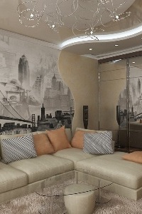 The combination of drywall, wallpaper and wall painting