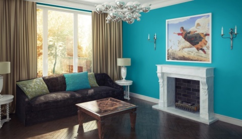 Turquoise wallpaper color in the living room interior