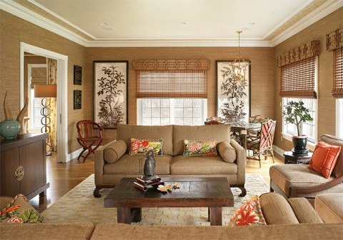 Japanese-style living room with bamboo wallpaper