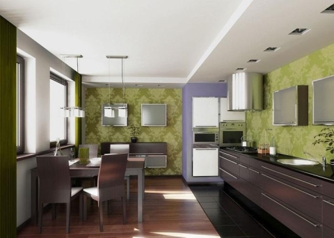 Wall-paper for kitchen of green color in combination with chocolate cuisine