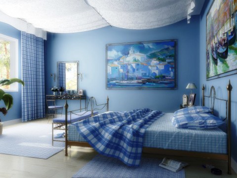 The combination of blue walls with a white ceiling