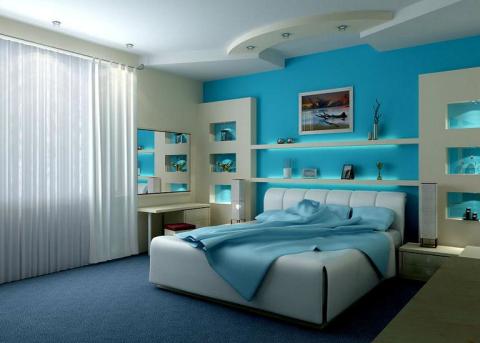 Bedroom in blue tones.