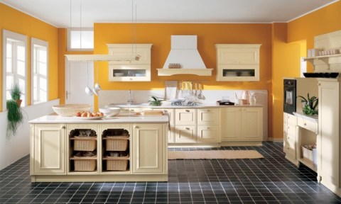 Warm tones of walls for a large kitchen