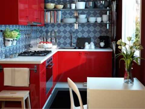 Bright furniture in the kitchen and a combination with blue