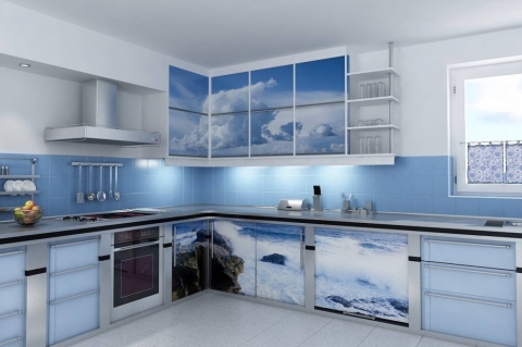 The blue tone of the kitchen will give peace