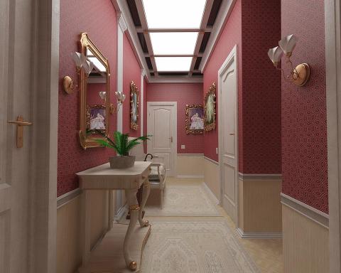 Corridor with combined decoration: wallpaper, plus classic wood panels