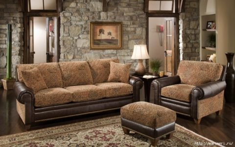 Living room with stone wallpaper