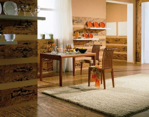 Cork wallpaper in the interior of the kitchen