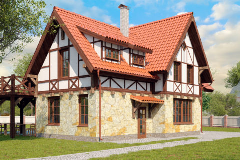 Fachwerk style house with stone base