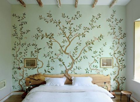 Wall mural in bedroom interior