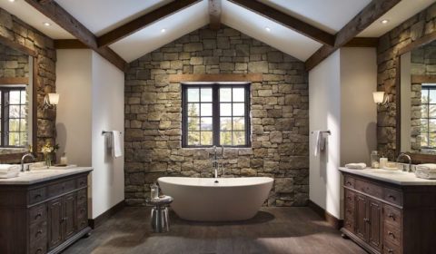 Imitation of stone in the interior of the bathroom