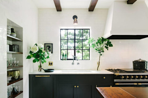 Shelves in the kitchen in the niche for dishes